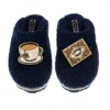 Laines London Women's Blue Teddy Towelling Closed Toe Slippers With Tea & Biscuit Brooches - Navy In Blue