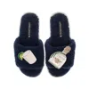 Laines London Women's Blue Teddy Towelling Slipper Sliders With Agave Tequila Brooches - Navy In Blue