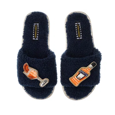 Laines London Women's Blue Teddy Towelling Slipper Sliders With Artisan Summer Spritz Brooches - Navy