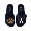 Laines London Women's Blue Teddy Towelling Slipper Sliders With Buddy Boston Terrier & Paw Brooches - Navy In Blue