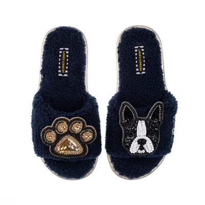 Laines London Women's Blue Teddy Towelling Slipper Sliders With Buddy Boston Terrier & Paw Brooches - Navy