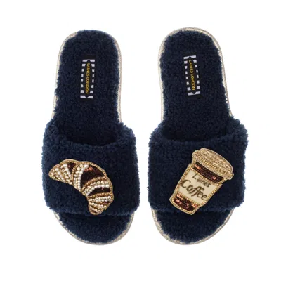 Laines London Women's Blue Teddy Towelling Slipper Sliders With Coffee & Croissant Brooches - Navy
