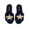 Laines London Women's Blue Teddy Towelling Slipper Sliders With Fucking Fabulous Brooches - Navy In Blue