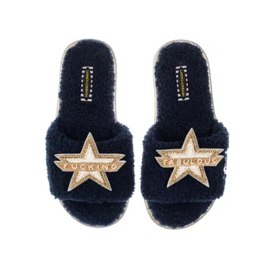 Laines London Women's Blue Teddy Towelling Slipper Sliders With Fucking Fabulous Brooches - Navy