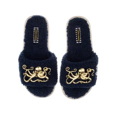 Laines London Women's Blue Teddy Towelling Slipper Sliders With Gold Metal Octopus Brooches - Navy
