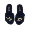 Laines London Women's Blue Teddy Towelling Slipper Sliders With Gold Metal Snake Brooches - Navy In Blue