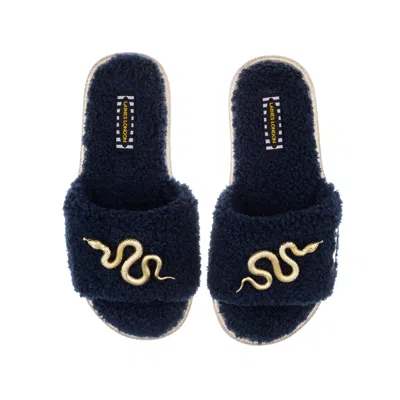 Laines London Women's Blue Teddy Towelling Slipper Sliders With Gold Metal Snake Brooches - Navy
