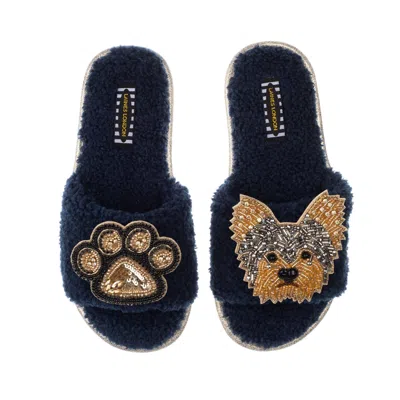 Laines London Women's Blue Teddy Towelling Slipper Sliders With Minnie Yorkie & Paw Brooches - Navy
