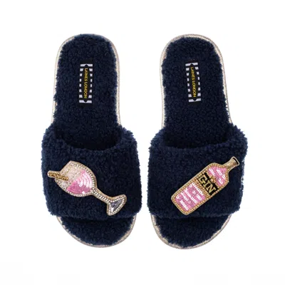 Laines London Women's Blue Teddy Towelling Slipper Sliders With Pink Gin Brooches - Navy