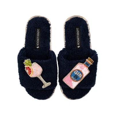 Laines London Women's Blue Teddy Towelling Slipper Sliders With Pink Rosa & Grapefruit Gin Brooches - Navy