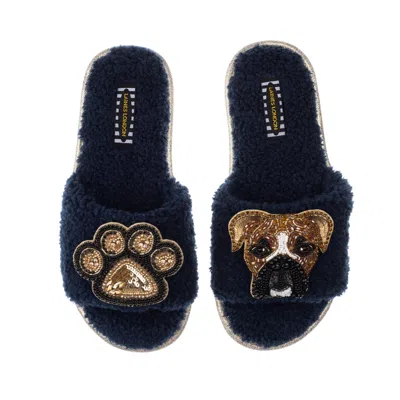 Laines London Women's Blue Teddy Towelling Slipper Sliders With Pip The Boxer & Paw Brooches - Navy