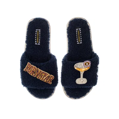 Laines London Women's Blue Teddy Towelling Slipper Sliders With Porn Star Martini Brooches - Navy
