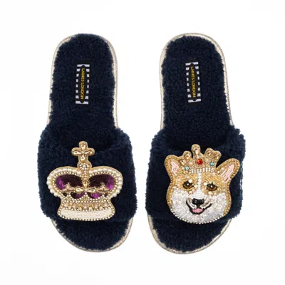 Laines London Women's Blue Teddy Towelling Slipper Sliders With Sandy The Corgi & Royal Crown Brooches - Navy