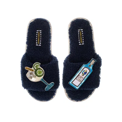 Laines London Women's Blue Teddy Towelling Slipper Sliders With Sapphire Gin Brooches - Navy