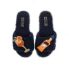 Laines London Women's Blue Teddy Towelling Slipper Sliders With Summer Spritzer Brooches - Navy In Blue