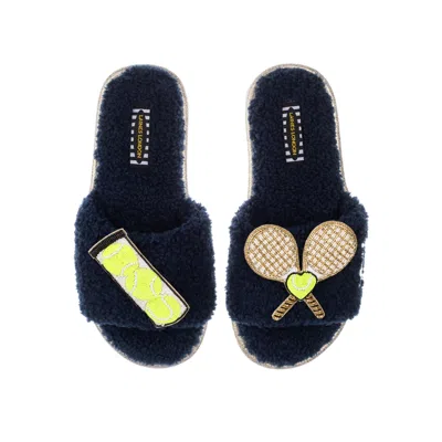 Laines London Women's Blue Teddy Towelling Slipper Sliders With Tennis Lover Brooches - Navy