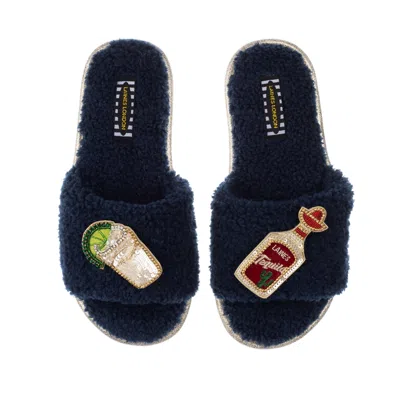 Laines London Women's Blue Teddy Towelling Slipper Sliders With Tequila Slammer Brooches - Navy