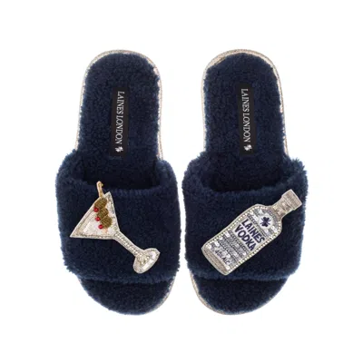 Laines London Women's Blue Teddy Towelling Slipper Sliders With Vodka Martini Brooches - Navy