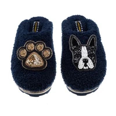 Laines London Women's Blue Towelling Closed Toe Slippers With Buddy Boston Terrier & Paw Brooches - Navy