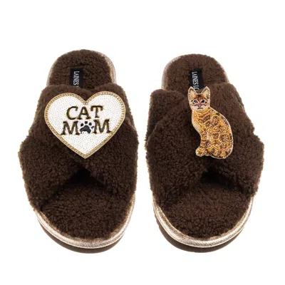 Laines London Women's Brown Boucle Slippers With Cat Mum/mom & Bengal Cat Brooches - Chocolate