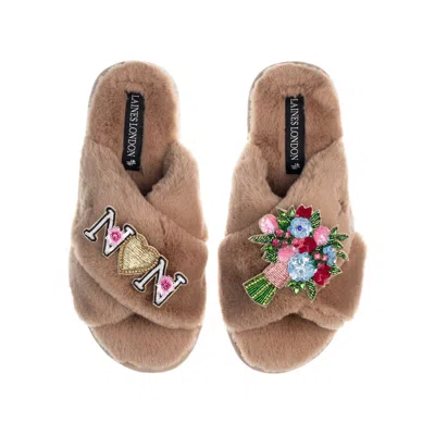 Laines London Women's Brown Classic Laines Mother's Day Slippers With Floral Bouquet & Nan Brooches - Toffee