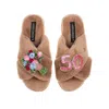 Laines London Women's Brown Classic Laines Slippers With 50th Birthday & Flowers Brooches - Toffee In Brown