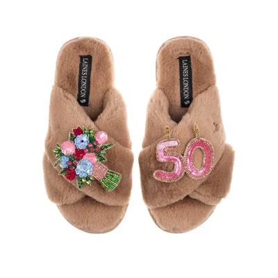 Laines London Women's Brown Classic Laines Slippers With 50th Birthday & Flowers Brooches - Toffee