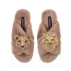 Laines London Women's Brown Classic Laines Slippers With Artisan Lion & Lioness Brooches - Toffee In Brown