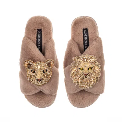 Laines London Women's Brown Classic Laines Slippers With Artisan Golden Lion & Lioness Brooches - Toffee