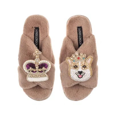 Laines London Women's Brown Classic Laines Slippers With Artisan Sandy The Corgi & Royal Crown Brooches - Toffee