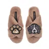 Laines London Women's Brown Classic Laines Slippers With Bentley The Black & White Spaniel & Paw Brooches - Toffee In Brown