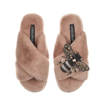 Laines London Women's Brown Classic Laines Slippers With Black & Gold Bee Brooch - Toffee