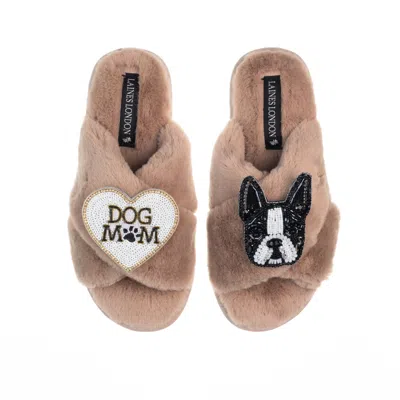 Laines London Women's Brown Classic Laines Slippers With Buddy The Boston Terrier & Dog Mum / Mom Brooches - Toffe