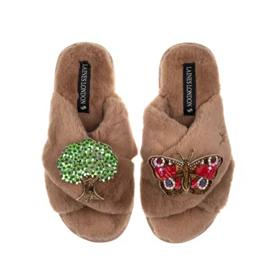 Laines London Women's Brown Classic Laines Slippers With Butterfly & Oak Tree Brooches - Toffee