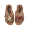Laines London Women's Brown Classic Laines Slippers With Butterfly & White Foxglove Flowers Brooches - Toffee In Brown