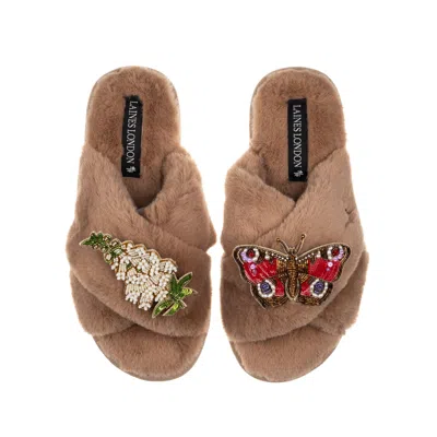 Laines London Women's Brown Classic Laines Slippers With Butterfly & White Foxglove Flowers Brooches - Toffee