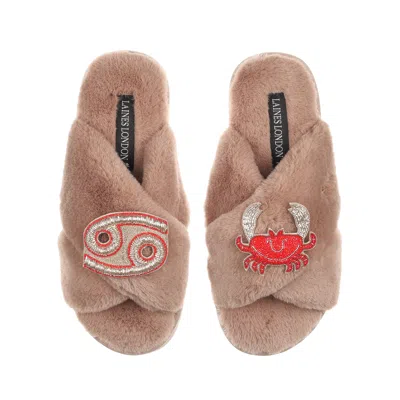 Laines London Women's Brown Classic Laines Slippers With Cancer Zodiac Brooches - Toffee