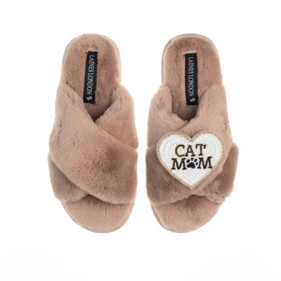 Laines London Women's Brown Classic Laines Slippers With Cat Mum /mom Brooch - Toffee