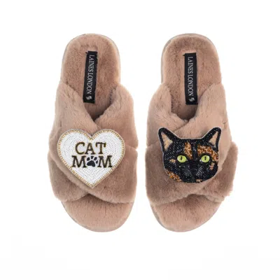 Laines London Women's Brown Classic Laines Slippers With Cat Mum/mom & Misty Cat Brooches - Toffee
