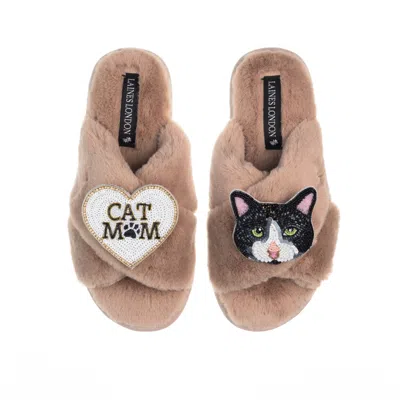 Laines London Women's Brown Classic Laines Slippers With Cat Mum/mom & Oreo Cat Brooches - Toffee