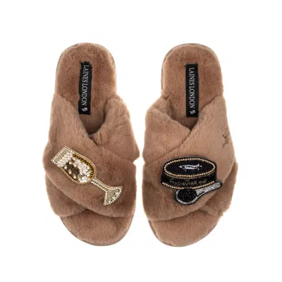 Laines London Women's Brown Classic Laines Slippers With Caviar & Glass Of Champers Brooches - Toffee