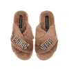 Laines London Women's Brown Classic Laines Slippers With Chequered Fuck Off Brooches - Toffee In Brown