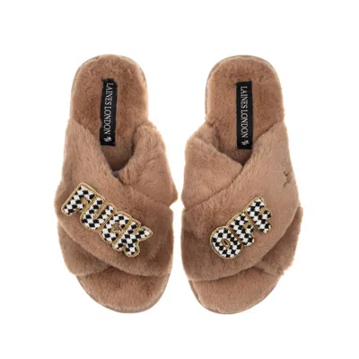 Laines London Women's Brown Classic Laines Slippers With Chequered Fuck Off Brooches - Toffee