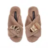 Laines London Women's Brown Classic Laines Slippers With Coffee Cup & Croissant Brooches - Toffee In Brown