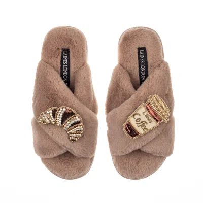 Laines London Women's Brown Classic Laines Slippers With Coffee Cup & Croissant Brooches - Toffee