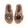 Laines London Women's Brown Classic Laines Slippers With Cookie The Frenchie & Paw Brooches - Toffee In Brown