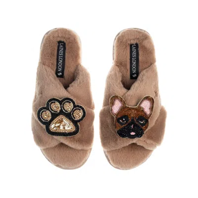 Laines London Women's Brown Classic Laines Slippers With Cookie The Frenchie & Paw Brooches - Toffee