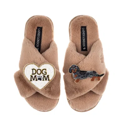 Laines London Women's Brown Classic Laines Slippers With Dog Mum/mom & Dapple Dachshund Brooches - Toffee In Multi