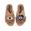 Laines London Women's Brown Classic Laines Slippers With Double Blue Heart & Love Eye Brooches - Toffee In Brown