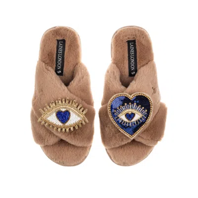 Laines London Women's Brown Classic Laines Slippers With Double Blue Heart & Love Eye Brooches - Toffee